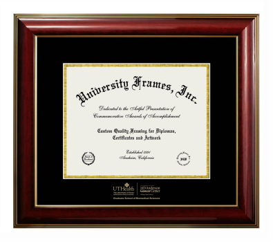 University of Texas Health Science Center at Houston MD Anderson Cancer Center Graduate School of Biomedical Sciences Diploma Frame in Classic Mahogany with Gold Trim with Black & Gold Mats for document: 8 1/2"h x 11"w  