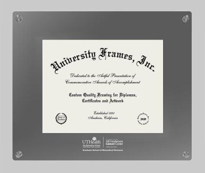 University of Texas Health Science Center at Houston MD Anderson Cancer Center Graduate School of Biomedical Sciences Lucent Clear-over-Smoke Frame in Lucent Smoke Moulding with Lucent Smoke Mat for document: 8 1/2"h x 11"w  