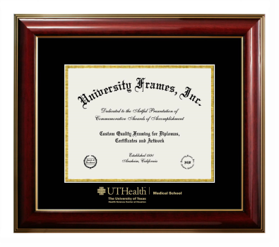 University of Texas Health Science Center at Houston Medical School Diploma Frame in Classic Mahogany with Gold Trim with Black & Gold Mats for document: 8 1/2"h x 11"w  