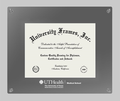 University of Texas Health Science Center at Houston Medical School Lucent Clear-over-Smoke Frame in Lucent Smoke Moulding with Lucent Smoke Mat for document: 8 1/2"h x 11"w  