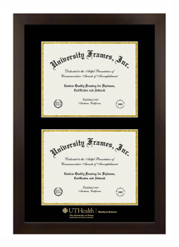 University of Texas Health Science Center at Houston Medical School Double Diploma Frame in Manhattan Espresso with Black & Gold Mats for document: 8 1/2"h x 11"w  , document: 8 1/2"h x 11"w  