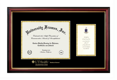University of Texas Health Science Center at Houston Medical School Diploma with Announcement Frame in Petite Mahogany with Gold Trim with Black & Gold Mats for document: 8 1/2"h x 11"w  , diploma: 7"h x 4"w  