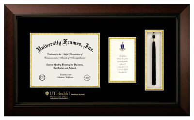University of Texas Health Science Center at Houston Medical School Diploma with Announcement & Tassel Box Frame in Legacy Black Cherry with Black & Gold Mats for document: 8 1/2"h x 11"w  , diploma: 7"h x 4"w  