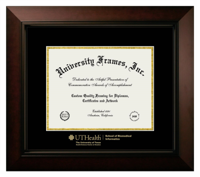 University of Texas Health Science Center at Houston School of Biomedical Informatics Diploma Frame in Legacy Black Cherry with Black & Gold Mats for document: 8 1/2"h x 11"w  