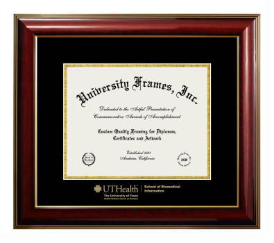 University of Texas Health Science Center at Houston School of Biomedical Informatics Diploma Frame in Classic Mahogany with Gold Trim with Black & Gold Mats for document: 8 1/2"h x 11"w  
