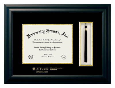 University of Texas Health Science Center at Houston School of Biomedical Informatics Diploma with Tassel Box Frame in Satin Black with Black & Gold Mats for document: 8 1/2"h x 11"w  
