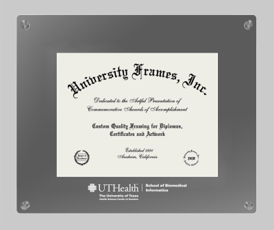 University of Texas Health Science Center at Houston School of Biomedical Informatics Lucent Clear-over-Smoke Frame in Lucent Smoke Moulding with Lucent Smoke Mat for document: 8 1/2"h x 11"w  