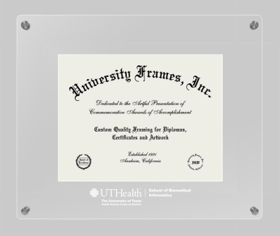 University of Texas Health Science Center at Houston School of Biomedical Informatics Lucent Clear-over-Clear Frame in Lucent Clear Moulding with Lucent Clear Mat for document: 8 1/2"h x 11"w  