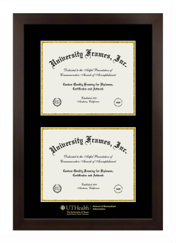 University of Texas Health Science Center at Houston School of Biomedical Informatics Double Diploma Frame in Manhattan Espresso with Black & Gold Mats for document: 8 1/2"h x 11"w  , document: 8 1/2"h x 11"w  