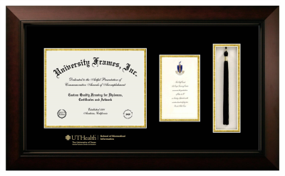University of Texas Health Science Center at Houston School of Biomedical Informatics Diploma with Announcement & Tassel Box Frame in Legacy Black Cherry with Black & Gold Mats for document: 8 1/2"h x 11"w  , diploma: 7"h x 4"w  