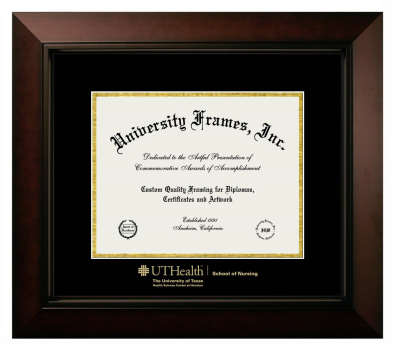 University of Texas Health Science Center at Houston School of Nursing Diploma Frame in Legacy Black Cherry with Black & Gold Mats for document: 8 1/2"h x 11"w  