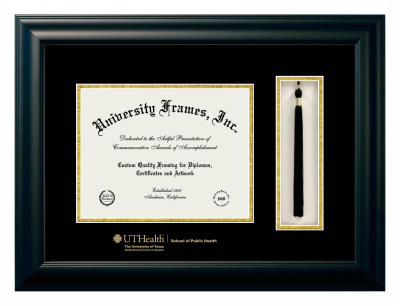 University of Texas Health Science Center at Houston School of Public Health Diploma with Tassel Box Frame in Satin Black with Black & Gold Mats for document: 8 1/2"h x 11"w  
