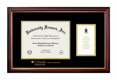 University of Texas Health Science Center at Houston School of Public Health Diploma with Announcement Frame in Petite Mahogany with Gold Trim with Black & Gold Mats for document: 8 1/2"h x 11"w  , diploma: 7"h x 4"w  