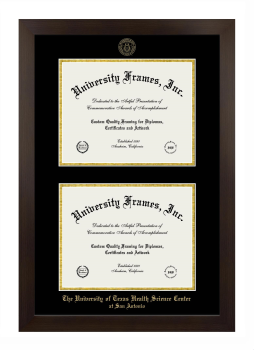 University of Texas Health Science Center at San Antonio Double Diploma Frame in Manhattan Espresso with Black & Gold Mats for document: 8 1/2"h x 11"w  , document: 8 1/2"h x 11"w  