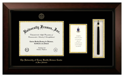 University of Texas Health Science Center at San Antonio Diploma with Announcement & Tassel Box Frame in Legacy Black Cherry with Black & Gold Mats for document: 8 1/2"h x 11"w  , diploma: 7"h x 4"w  