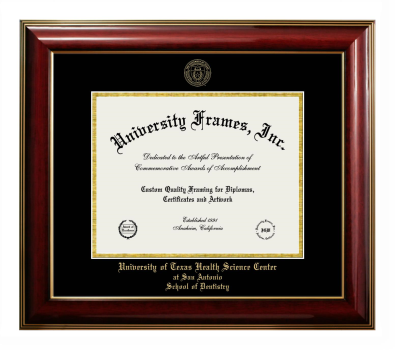University of Texas Health Science Center at San Antonio School of Dentistry Diploma Frame in Classic Mahogany with Gold Trim with Black & Gold Mats for document: 8 1/2"h x 11"w  