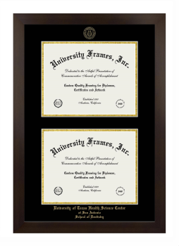 University of Texas Health Science Center at San Antonio School of Dentistry Double Diploma Frame in Manhattan Espresso with Black & Gold Mats for document: 8 1/2"h x 11"w  , document: 8 1/2"h x 11"w  