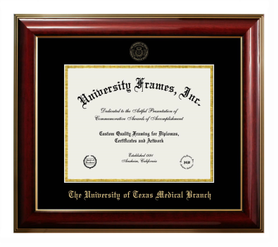 The University of Texas Medical Branch Diploma Frame in Classic Mahogany with Gold Trim with Black & Gold Mats for document: 8 1/2"h x 11"w  