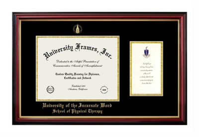 University of the Incarnate Word School of Physical Therapy Diploma with Announcement Frame in Petite Mahogany with Gold Trim with Black & Gold Mats for document: 8 1/2"h x 11"w  , diploma: 7"h x 4"w  