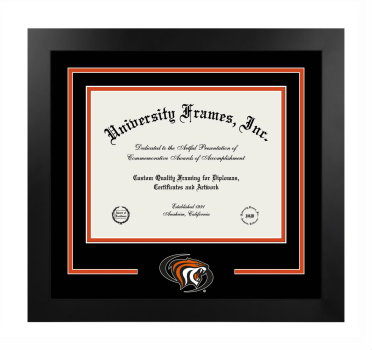University of the Pacific Logo Mat Frame in Manhattan Black with Black & Orange Mats for document: 8 1/2"h x 11"w  