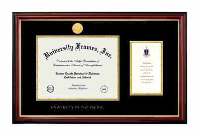 University of the Pacific Diploma with Announcement Frame in Petite Mahogany with Gold Trim with Black & Gold Mats for document: 8 1/2"h x 11"w  , diploma: 7"h x 4"w  
