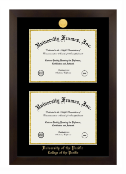 University of the Pacific College of the Pacific Double Diploma Frame in Manhattan Espresso with Black & Gold Mats for document: 8 1/2"h x 11"w  , document: 8 1/2"h x 11"w  