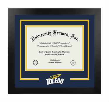 University of Toledo College of Medicine Logo Mat Frame in Manhattan Black with Navy Blue & Amber Mats for document: 8 1/2"h x 11"w  