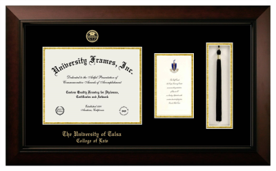 University of Tulsa College of Law Diploma with Announcement & Tassel Box Frame in Legacy Black Cherry with Black & Gold Mats for document: 8 1/2"h x 11"w  , diploma: 7"h x 4"w  