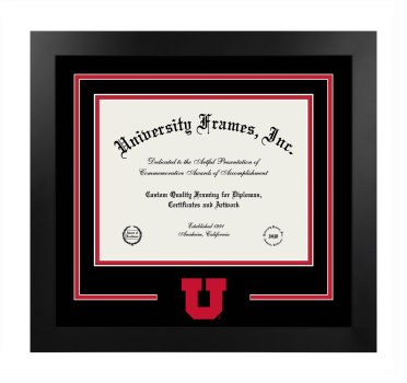 University of Utah Logo Mat Frame in Manhattan Black with Black & Red Mats for document: 8 1/2"h x 11"w  