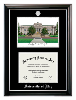 University of Utah Double Opening with Campus Image (Stacked) Frame in Classic Ebony with Silver Trim with Black & Silver Mats for document: 8 1/2"h x 11"w  