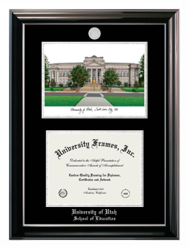 University of Utah School of Education Double Opening with Campus Image (Stacked) Frame in Classic Ebony with Silver Trim with Black & Silver Mats for document: 8 1/2"h x 11"w  