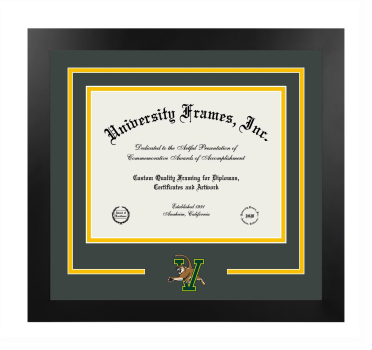 University of Vermont Logo Mat Frame in Manhattan Black with Forest Green & Amber Mats for document: 8 1/2"h x 11"w  