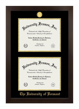 University of Vermont Double Diploma Frame in Manhattan Espresso with Black & Gold Mats for document: 8 1/2"h x 11"w  , document: 8 1/2"h x 11"w  
