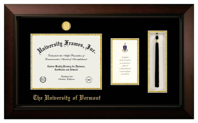 University of Vermont Diploma with Announcement & Tassel Box Frame in Legacy Black Cherry with Black & Gold Mats for document: 8 1/2"h x 11"w  , diploma: 7"h x 4"w  
