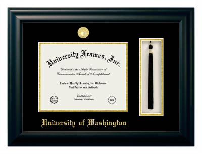 University of Washington Diploma with Tassel Box Frame in Satin Black with Black & Gold Mats for document: 8 1/2"h x 11"w  