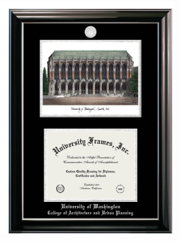 University of Washington College of Architecture and Urban Planning Double Opening with Campus Image (Stacked) Frame in Classic Ebony with Silver Trim with Black & Silver Mats for document: 8 1/2"h x 11"w  