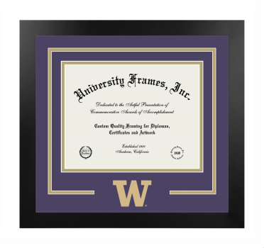 University of Washington College of Arts and Sciences Logo Mat Frame in Manhattan Black with Purple & Tan Mats for document: 8 1/2"h x 11"w  