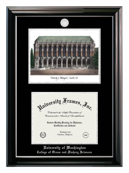 University of Washington College of Ocean and Fishery Sciences Double Opening with Campus Image (Stacked) Frame in Classic Ebony with Silver Trim with Black & Silver Mats for document: 8 1/2"h x 11"w  