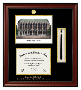 University of Washington Daniel J. Evans School of Public Policy & Governance Double Opening with Campus Image & Tassel Box (Stacked) Frame in Avalon Mahogany with Black & Gold Mats for document: 8 1/2"h x 11"w  