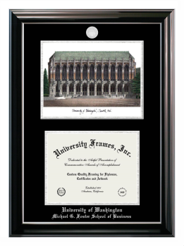 University of Washington Michael G. Foster School of Business Double Opening with Campus Image (Stacked) Frame in Classic Ebony with Silver Trim with Black & Silver Mats for document: 8 1/2"h x 11"w  