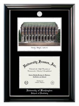 University of Washington School of Dentistry Double Opening with Campus Image (Stacked) Frame in Classic Ebony with Silver Trim with Black & Silver Mats for document: 8 1/2"h x 11"w  