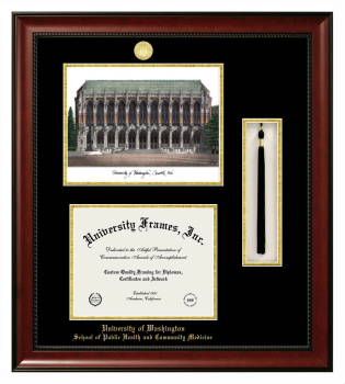 University of Washington School of Public Health and Community Medicine Double Opening with Campus Image & Tassel Box (Stacked) Frame in Avalon Mahogany with Black & Gold Mats for document: 8 1/2"h x 11"w  