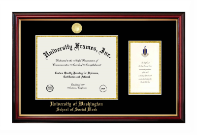 University of Washington School of Social Work Diploma with Announcement Frame in Petite Mahogany with Gold Trim with Black & Gold Mats for document: 8 1/2"h x 11"w  , diploma: 7"h x 4"w  