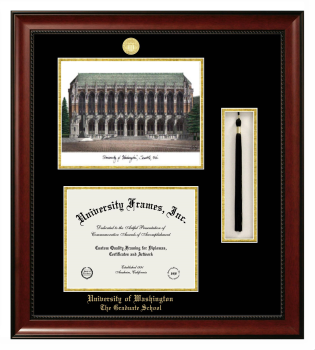 University of Washington The Graduate School Double Opening with Campus Image & Tassel Box (Stacked) Frame in Avalon Mahogany with Black & Gold Mats for document: 8 1/2"h x 11"w  