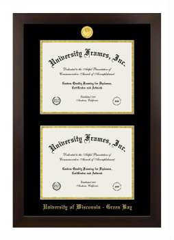 University of Wisconsin - Green Bay Double Diploma Frame in Manhattan Espresso with Black & Gold Mats for document: 8 1/2"h x 11"w  , document: 8 1/2"h x 11"w  