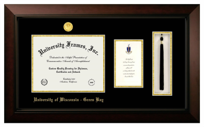 University of Wisconsin - Green Bay Diploma with Announcement & Tassel Box Frame in Legacy Black Cherry with Black & Gold Mats for document: 8 1/2"h x 11"w  , diploma: 7"h x 4"w  