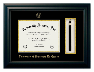 University of Wisconsin - La Crosse Diploma with Tassel Box Frame in Satin Black with Black & Gold Mats for document: 8 1/2"h x 11"w  