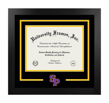 University of Wisconsin - Stevens Point Logo Mat Frame in Manhattan Black with Black & Amber Mats for document: 8 1/2"h x 11"w  