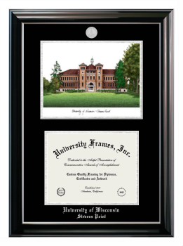 University of Wisconsin - Stevens Point Double Opening with Campus Image (Stacked) Frame in Classic Ebony with Silver Trim with Black & Silver Mats for document: 8 1/2"h x 11"w  
