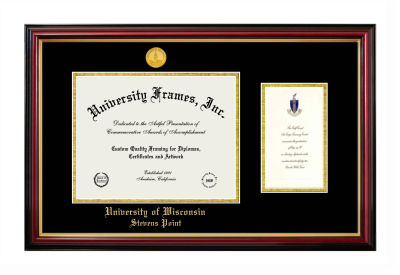 University of Wisconsin - Stevens Point Diploma with Announcement Frame in Petite Mahogany with Gold Trim with Black & Gold Mats for document: 8 1/2"h x 11"w  , diploma: 7"h x 4"w  